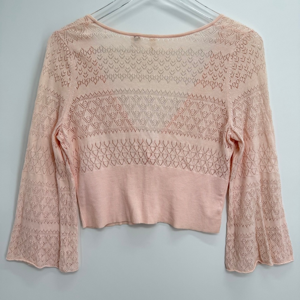 Moth Anthropologie Pointelle Knit Cardigan Size M Coquette Pink Flare Sleeve - Picture 8 of 11